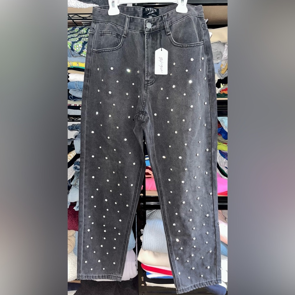 Diamante Embellished Gray Women's Jeans